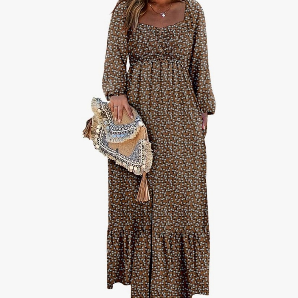Cream Long Sleeve Sundress with Square Neck